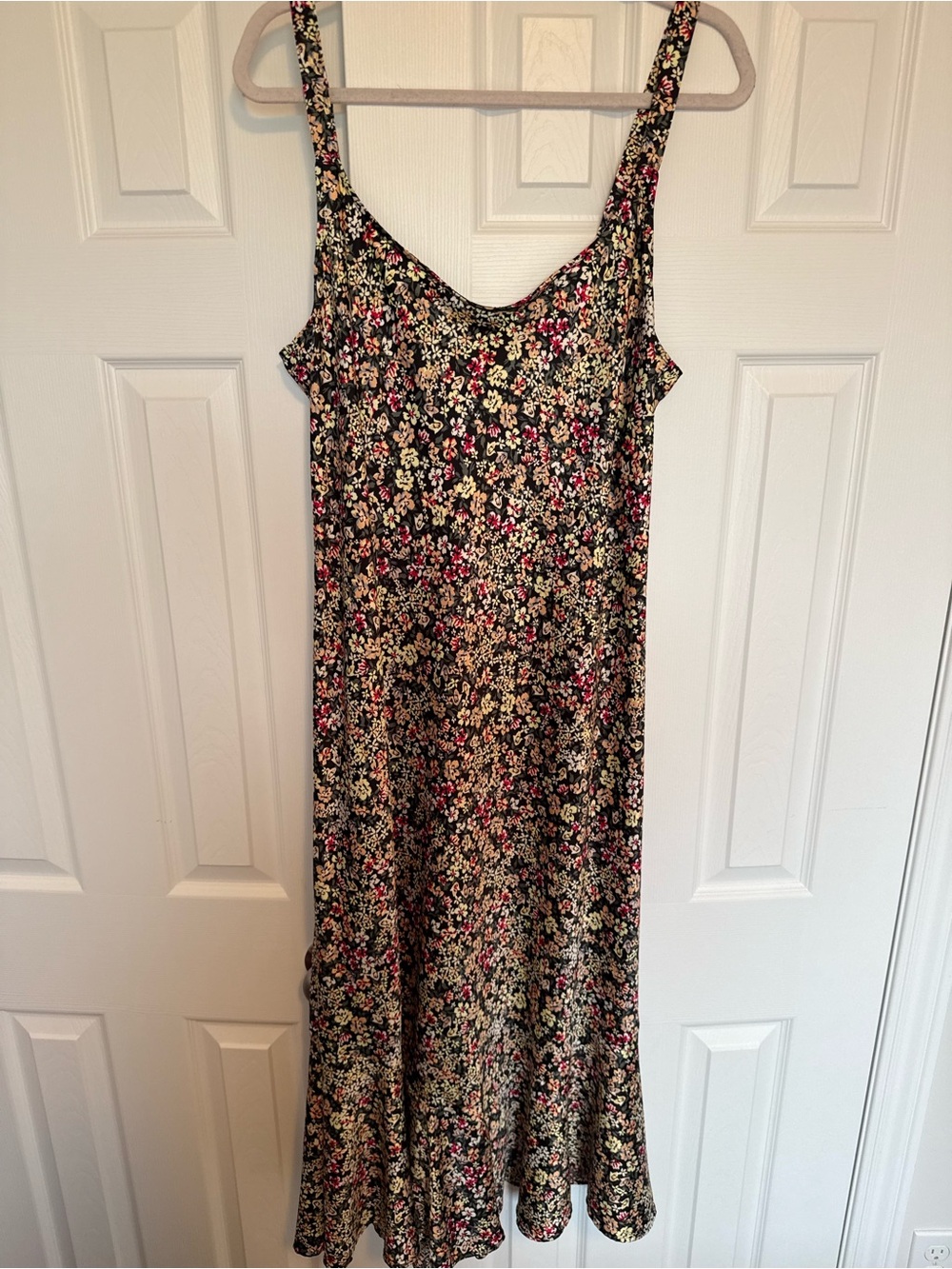 Dynamite Black Floral Midi Slip Dress with Pink & Cream Blossoms